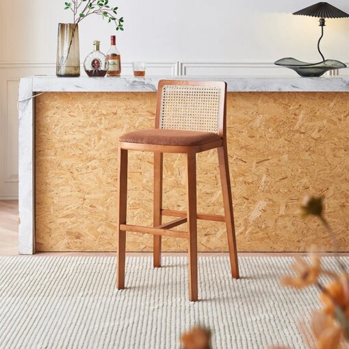 Buy Nordic Vine Weaving Bar Chair Backrest Modern Simple High Chair Bar Restaurant Medieval Solid Wood Soft Cushion Bar Chair online shopping cheap