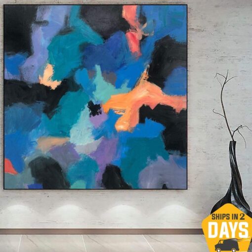 Buy Original Abstract Blue Painting Modern Wall Art Canvas Large Oil Painting Colorful Acrylic Artwork for Living Room Decor | BLUE JAZZ 40"x40" online shopping cheap