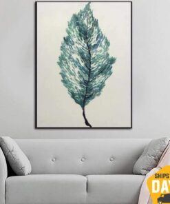 Original Abstract Cyan Leaf Wall Art Leaf Painting Impasto Paintings On Canvas Cyan Leaf Wall Fine Art Decor | AIRINESS 28"x20"