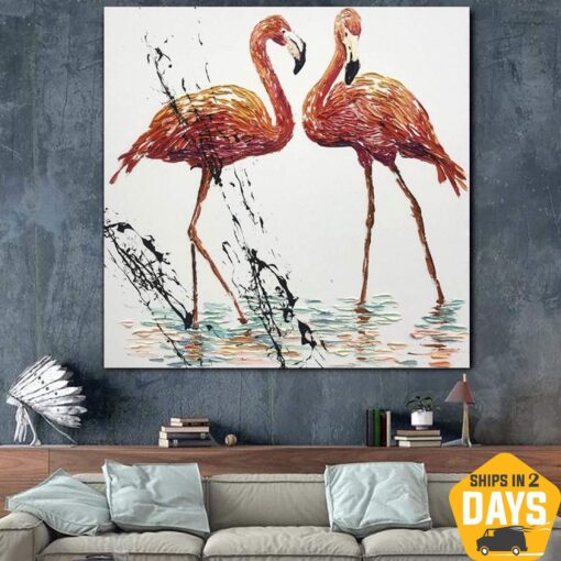 Buy Original Abstract Flamingo Painting Fine Art Animal Painting On Canvas Oil Painting Creative Abstract Modern Fine Art | FLAMINGOS 24"x24" online shopping cheap