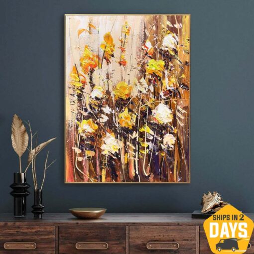 Buy Original Abstract Floral Paintings On Canvas Contemporary Textured Painting Oil Painting Modern Floral Fine Art | GOLDEN FLOWERS 32"x24" online shopping cheap