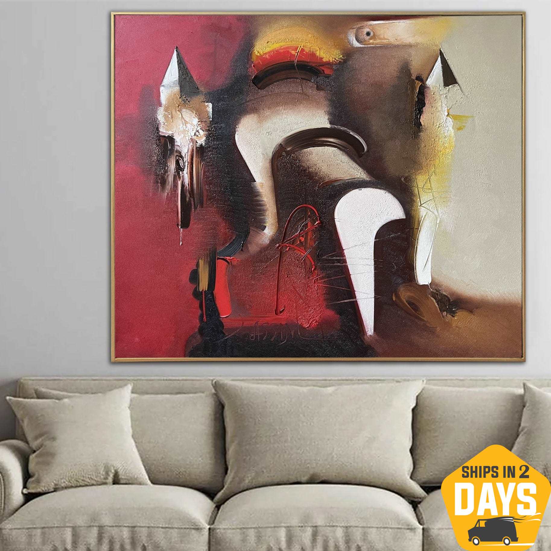 Buy Original Abstract Painting On Canvas Acrylic Painting in Beige And Red Colors Textured Art Modern Decor | PRAMITLER 35.4"x39.4" online shopping cheap