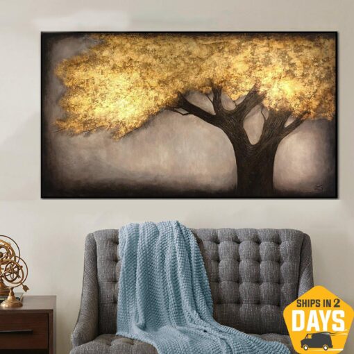 Buy Original Abstract Tree Paintings On Canvas Gold Nature Fine Art Modern Art Textured Handmade Wall Art | GOLDEN TREE 40"x70" online shopping cheap