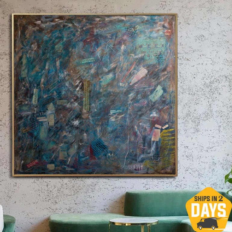 Buy Original Acrylic Paintings On Canvas Blue Grey Abstract Newspapres Fine Art Modern Art Colors Art Handmade Living Room Decor | SOCIAL STORM 50"x50" online shopping cheap