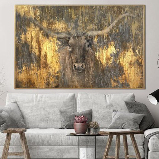 Buy Original Bull Painting Canvas Gold Foil Artwork Animal Wall Art Longhorn Painting Textured Oil Painting Modern Hand Painted Art | OX online shopping cheap
