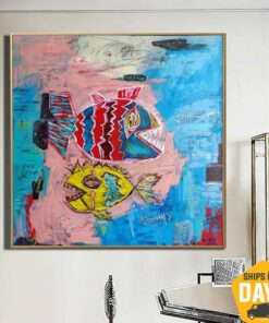 Original Colorful Fine Art Fish Paintings On Canvas Piranhas Canvas Art Modern Paintings Acrylic Wall Office Decor | FUNNY PIRANHAS 46.06"x46.06"