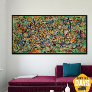 Original Colorful Paintings On Canvas Jackson Pollock Wall Art Abstract Artwork for Home Decor | CITY MADNESS 23"x46"