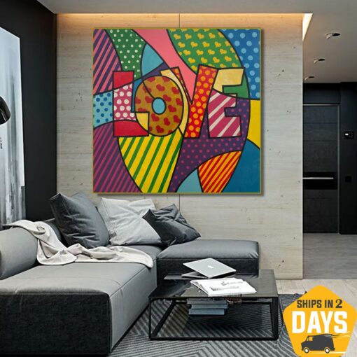 Buy Original Colorful Romantic Acrylic Painting Abstract Love Letters Modern Artwork for Bedroom | BRIGHT LOVE 26"x26" online shopping cheap