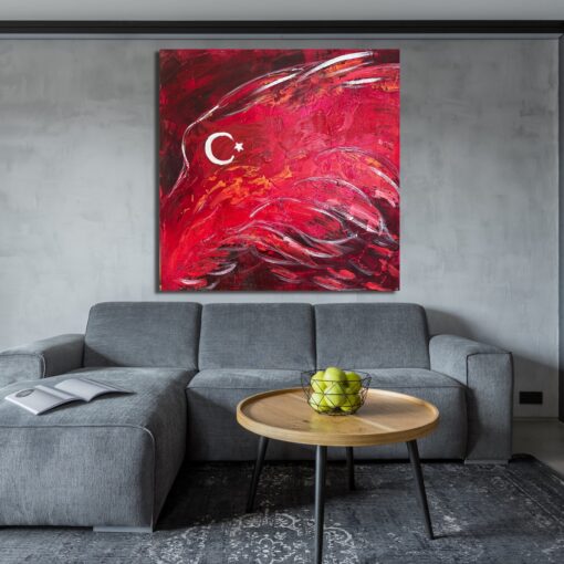 Buy Original Crescent and Star Oil Painting Stand With Turkey Textured Red Artwork for Living Room | RED WIND online shopping cheap