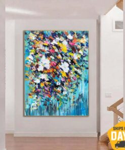 Original Flowers Paintings On Canvas Blue Painting Green Modern Textured Painting Oil Painting Modern Artwork Decor | COLORFUL BOUQUET 31.5"x23.6"