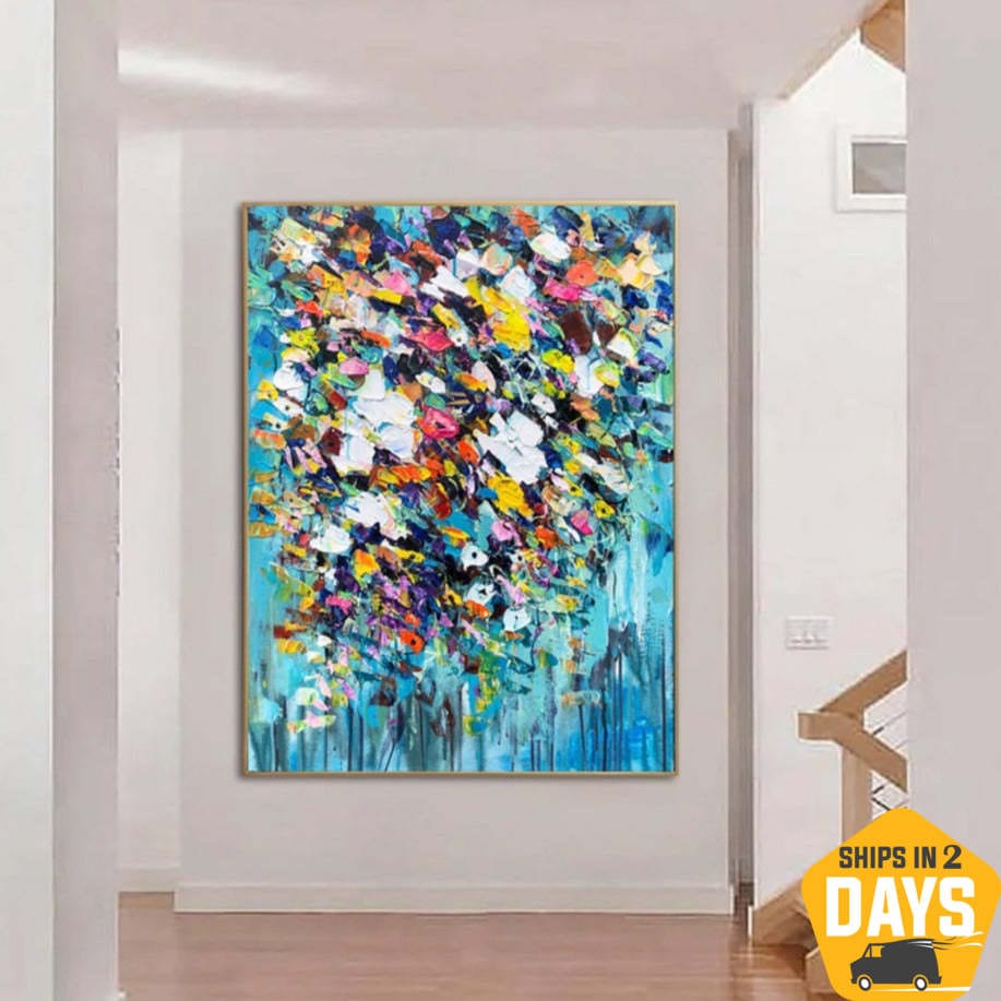 Buy Original Flowers Paintings On Canvas Blue Painting Green Modern Textured Painting Oil Painting Modern Artwork Decor | COLORFUL BOUQUET 31.5"x23.6" online shopping cheap