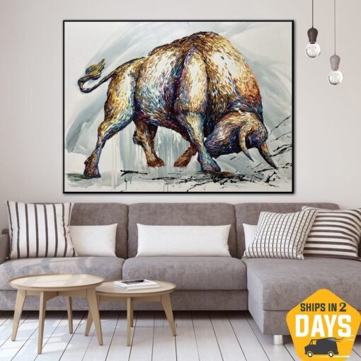 Buy Original Furious Bull Colorful Animal Painting Impasto Style Art Wall Abstract Decor for Living Room | CORRIDA 30"x40" online shopping cheap