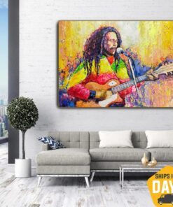 Original Guitar Player Oil Paintings Colorful Bob Marley Portrait Abstract Singer Decor for Home | HAPPY MARLEY 40"x60"