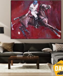 Original Horse Polo Oil Painting Horseback Riding Artwork Red Wall Art for Living Room | POLO PLAYER 35.5"x47.2"