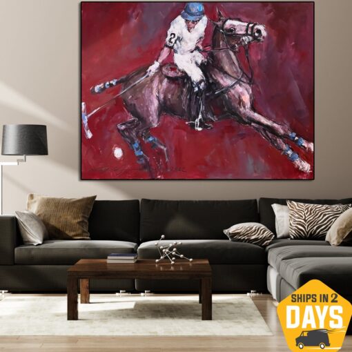 Buy Original Horse Polo Oil Painting Horseback Riding Artwork Red Wall Art for Living Room | POLO PLAYER 35.5"x47.2" online shopping cheap