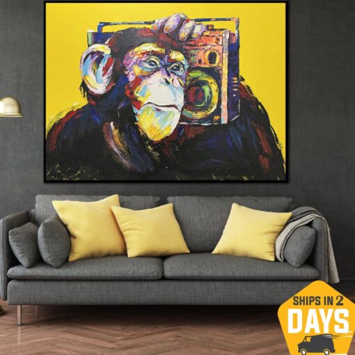 Buy Original Monkey With Boombox Painting On Canvas Animal Hand Painted Artwork Abstract Ape | MONKEY ON STYLE 30"x40" online shopping cheap