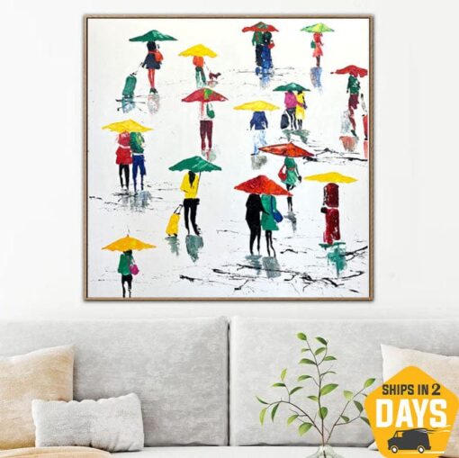 Buy Original People with Umbrellas Paintings On Canvas Abstract Colorful Oil Painting for Living Room | UMBRELLAS 50"x50" online shopping cheap