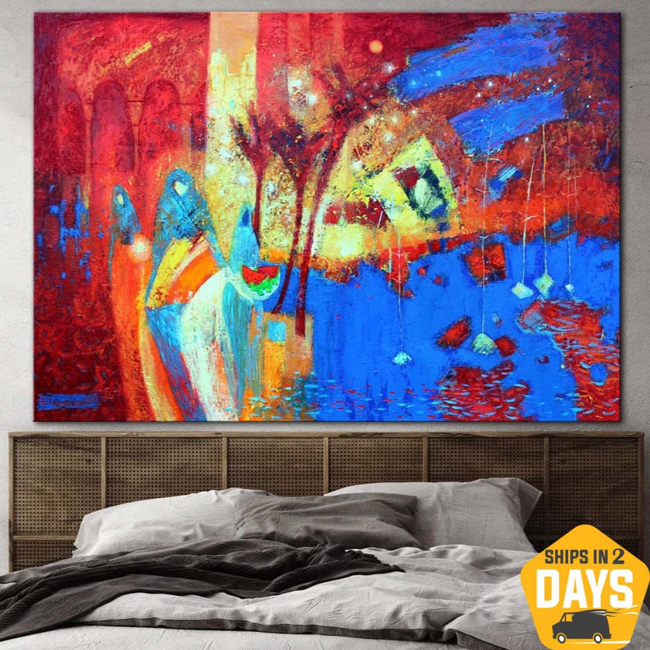 Buy Original Red and Blue Paintings On Canvas Colorful Fine Art Abstract Handmade Painting Support Ukraine Artist Wall Decor | MIX UP 35"x43" online shopping cheap