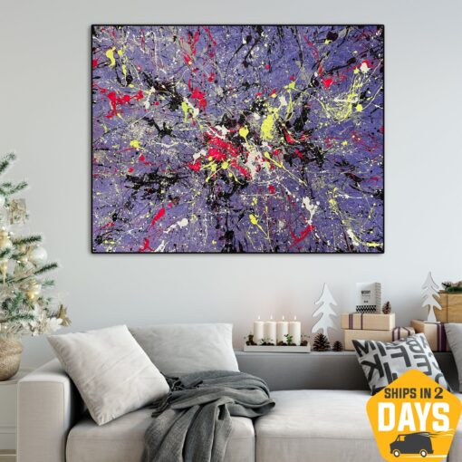 Buy Original Violet Acrylic Painting Abstract Colorful Artwork Hanging Wall Art for Bedroom | VIOLET SPLASH 46"x60" online shopping cheap