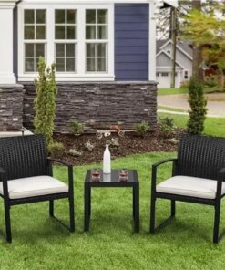 Outdoor Bistro Table Set,Patio Bistro Set,Patio Furniture Sets,Outdoor,Backyard,Balcony,Cushions,3 Piece,Black