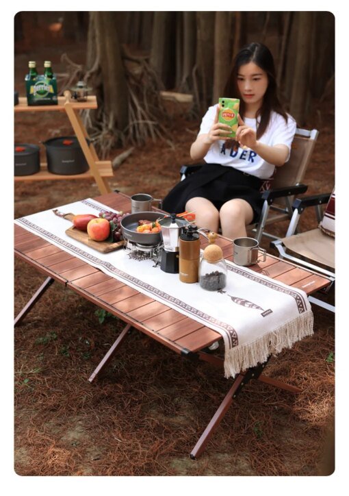 Buy Outdoor Camp Aluminum Alloy Camping Wood Grain Table Camping Egg Roll Table Folding Table and Chair online shopping cheap