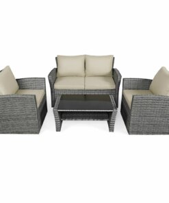 Patiojoy 4PCS Patio Rattan Furniture Set Sofa Table Storage Shelf Khaki Cushion HW67841ABN
