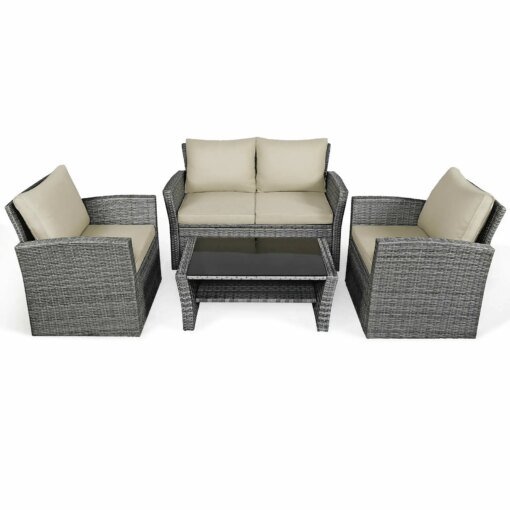 Buy Patiojoy 4PCS Patio Rattan Furniture Set Sofa Table Storage Shelf Khaki Cushion HW67841ABN online shopping cheap