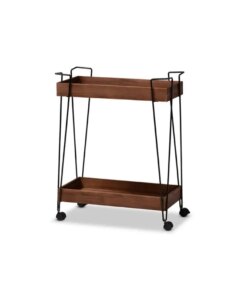 Reynard Modern and Industrial Walnut Brown Finished Wood and Black Metal 2-Tier Wine Cart,Wholesale Storage Rack Cart