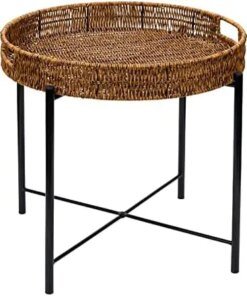 Round End Table, Rattan End Table, 19in Small Side Table, Accent Table, Modern Bedside Table,Outdoor Side Tables for ,Brown Roun