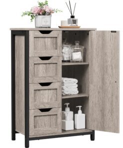 SMILE MART 32.5″ Height Wooden Bathroom Floor Cabinet Storage Organizer with 4 Drawers, Gray