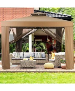 SUGIFT 10’x10′ Outdoor Gazebo Patio Tents Garden Canopy Shelter W/ Netting, Brown