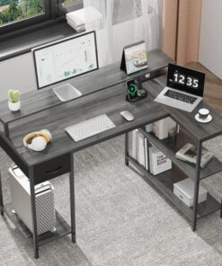 SUPERJARE L Shaped Gaming Desk with LED Lights & Power Outlets, Reversible Computer Desk with Shelves & Drawer