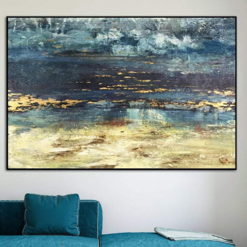 Buy Seascape art original wall painting: marine blue-gold leaf oil painting on canvas in custom size and frame for nautical style decor | NEAR THE BEACH online shopping cheap
