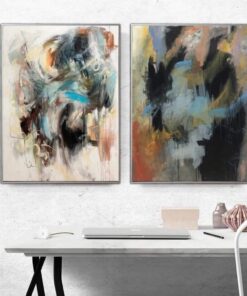 Set of 2 Paintings Abstract Colorful Painting Canvas Diptych Wall Art Neutral Artworks Pastel Colors on Canvas Modern Wall Art | DAY VS NIGHT
