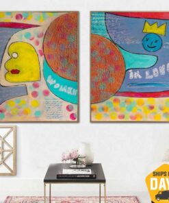 Set of Two Paintings On Canva Woman in Love Wall Art Handmade Textured Colorful Painting Gift Child Nursery Room Decor | WOMAN IN LOVE 31.49"x47.24"