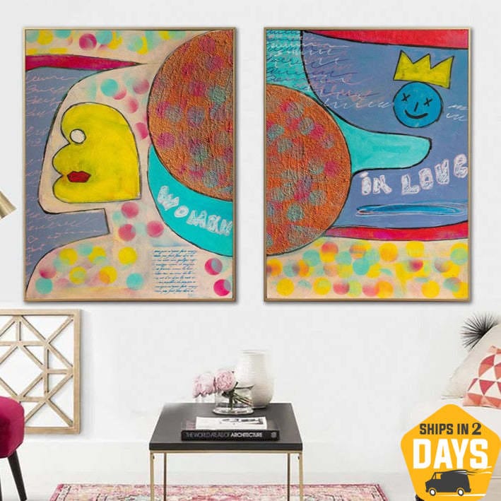 Buy Set of Two Paintings On Canva Woman in Love Wall Art Handmade Textured Colorful Painting Gift Child Nursery Room Decor | WOMAN IN LOVE 31.49"x47.24" online shopping cheap