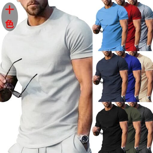 Buy Spot European And American Summer Men's Round Neck Short Sleeve Solid Color Top Trendy Loosett-shirt online shopping cheap