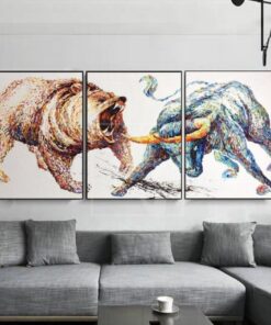 Stock Exchange Painting Set Of 3 Abstract Painting Triptych Grizzly Bear Artwork | BULL VS BEAR