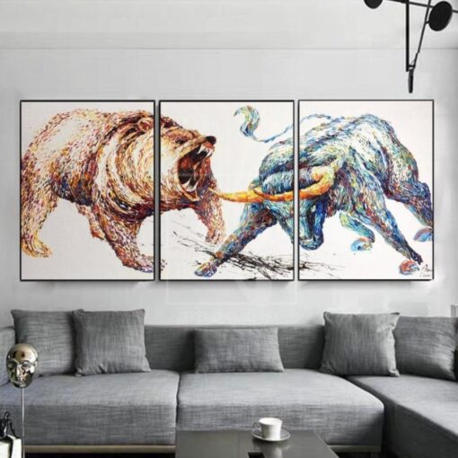 Buy Stock Exchange Painting Set Of 3 Abstract Painting Triptych Grizzly Bear Artwork | BULL VS BEAR online shopping cheap