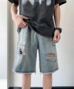 TFETTERS Brand 2023 Fashion Mens Jeans Shorts Frayed Ripped Mid Rise Splash Ink Mans Denim Shorts Baggy Popular Men Pants Summer