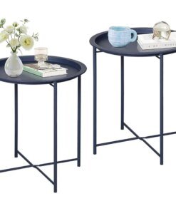 VECELO Side/End Table, Folding Round Metal Anti-Rust and Waterproof Outdoor or Indoor Tray for Living Room Bedroom Balcony