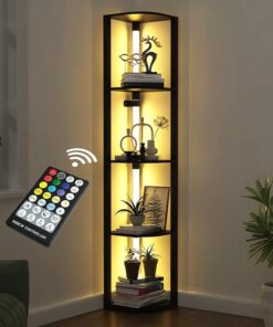 VTRIN Corner Shelf with Light, Modern Home Decor Stand Floor Lamps with Storage Shelves for Collectibles, Sturdy 5-Tier Corner