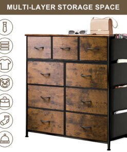 Vebreda 9 Drawer Dresser, Chest of Drawers for Bedroom Fabric Dressers with Side Pockets and Hooks for Hallway Closet, Brown