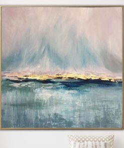 Waterscape Contemporary Art Wall Painting: Custom Size Oil Painting On Canvas In Grey, Blue, Pink Colors With Gold As Wall Decor | BOUNDLESS