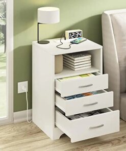 White Nightstand with Charging Station, Modern End Side Table with 3 Drawers, Wooden Cabinet Stand by Sofa