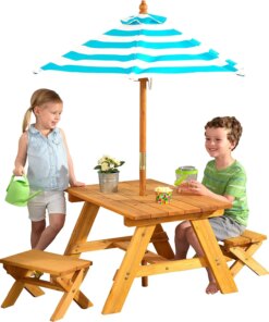Wooden Table & Bench Set with Striped Umbrella, ‘s Backyard , Turquoise and White, Gift for Ages 3-8, Exclusive