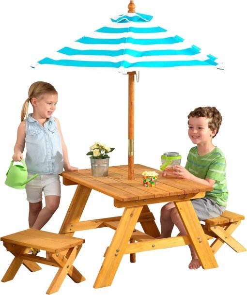 Buy Wooden Table & Bench Set with Striped Umbrella