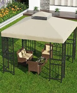 X 10′ Gazebo Top Replacement Double Tier Garden Yard Gazebo Top Cover Pavilion Cover Sunshade Polyester (Khaki)