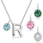 Initial R Necklace with Birthstone Charm Created with Zircondia® Crystals