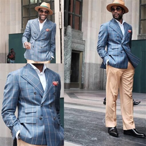Buy 1 Piece Handsome Formal Blue Men Suit Double Breasted Lapel Jacket Cotton Blend Plaid Pattern Gentleman Leisure Coat online shopping cheap